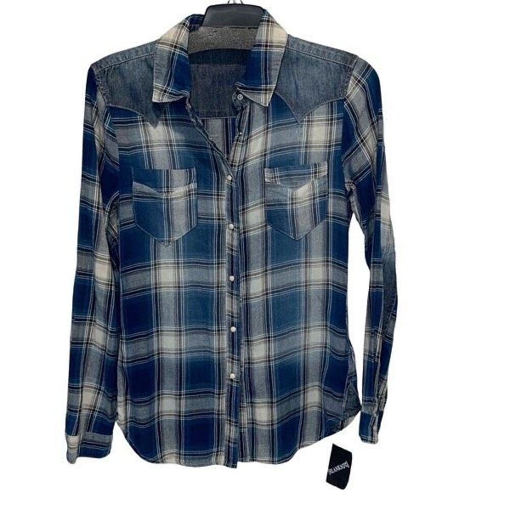 Blank NYC Womens Plaid Denim Long Sleeve Cotton Shirt Blue Size XS NWT